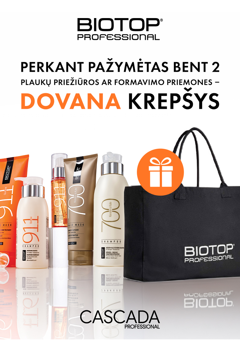 Įsigiję bent 2 „Biotop Professional“ plaukų priežiūros ar formavimo priemones dovanų gausite krepšį