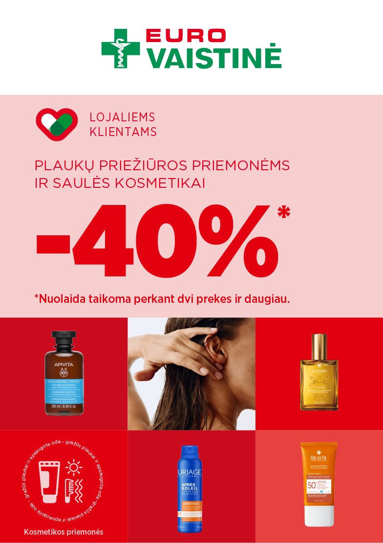 PLAUKŲ PRIEŽIŪROS PRIEMONĖMS IR SAULĖS KOSMETIKAI 40 % PERKANT 2 PREKES IR DAUGIAU