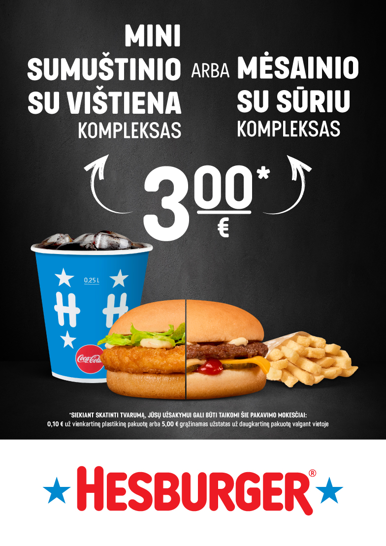 Mini Sumuštinio su vištiena arba Mėsainio su sūriu kompleksas 3,00 eur.*